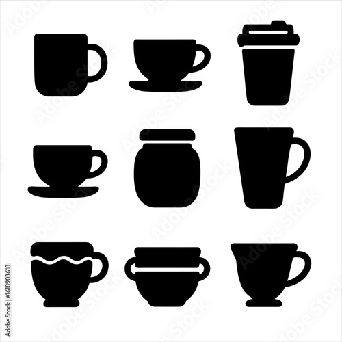 Ceramic Cup Icons. Solid, filled icon set of ceramic cup types: coffee mug, teacup, travel mug, espresso cup, ceramic jar, latte