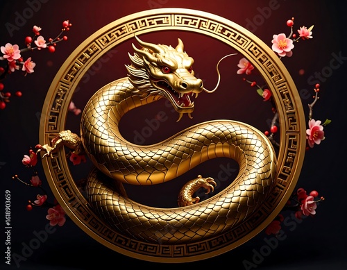 Golden dragon in a circular frame with cherry blossoms