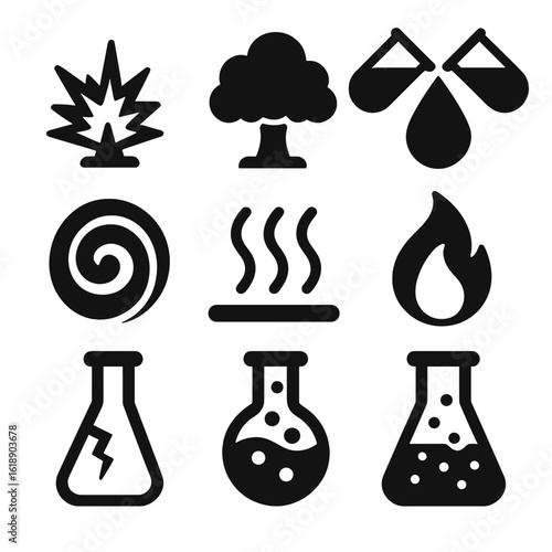 Chemical Reaction Icons. Solid, filled icon set of chemical reactions: explosion, smoke cloud, mixing liquids, color swirl, heat