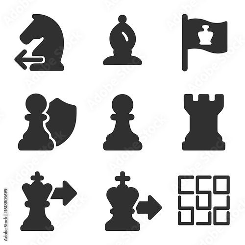 Chess Strategy Icons. Solid, filled icons set of offense vs defense in chess strategy: knight move, bishop