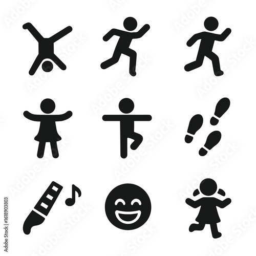 Childhood Play Icons. Solid, filled icons set of childhood movement play: cartwheel icon, leap motion, run