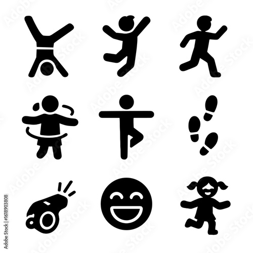 Childhood Play Icons. Solid, filled icons set of childhood movement play: cartwheel icon, leap motion, run