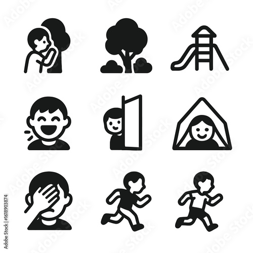 Children's Hide-and-Seek Icons. Solid, filled icon set of playing hide and seek with children: child hiding, tree, bushes,