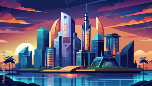 The skyline/cityscape of Victoria Island in Lagos, Nigeria glows above the Atlantic coastline, where glass towers rise. Semi-realistic vector style captures reflections, tropical skies, and urban eleg