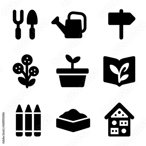 Children's Garden Icons. Solid, filled icons set of children’s garden corners: tiny tools, watering can,