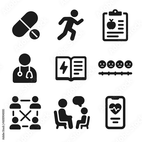 Chronic Illness Icons. Solid, filled icons set of chronic illness management: medication pill, exercise icon,