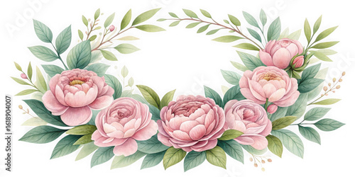 Elegant pink peony floral wreath on black background