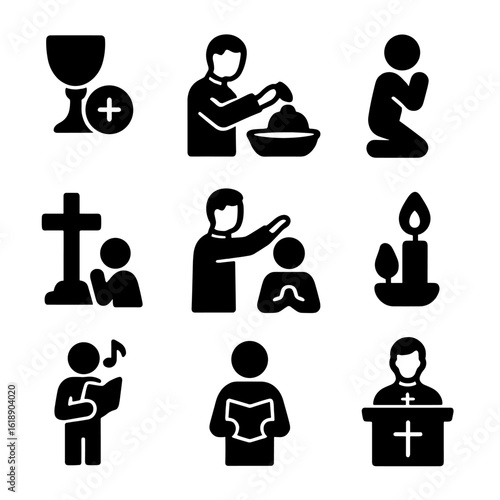Church Ritual Icons. Solid, filled icon set of Church service rituals: communion, baptism, prayer, confession, blessing, candle