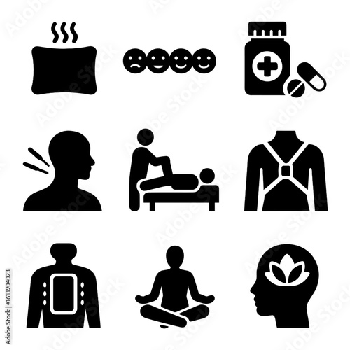 Chronic Pain Icons Grid. Solid, filled icons set of chronic pain management: heat pack, pain scale, medication