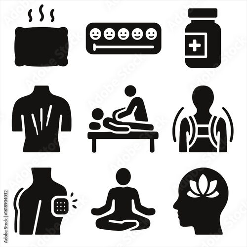 Chronic Pain Icons Grid. Solid, filled icons set of chronic pain management: heat pack, pain scale, medication