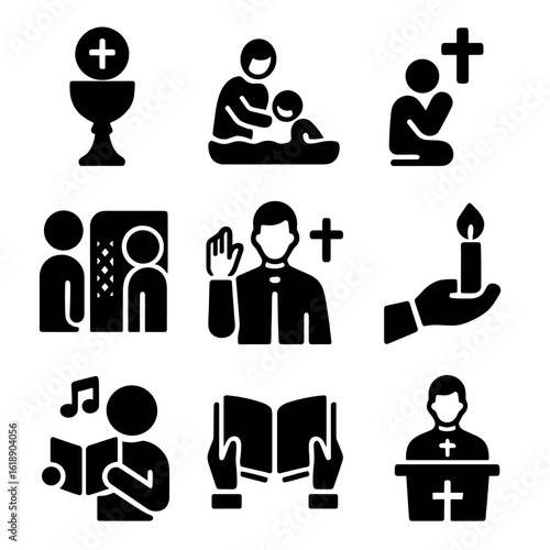 Church Ritual Icons. Solid, filled icon set of Church service rituals: communion, baptism, prayer, confession, blessing, candle