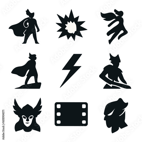 Cinematic Valkyrie Icons. Solid, filled icons set of cinematic valkyrie visuals: dramatic pose, flowing cape,