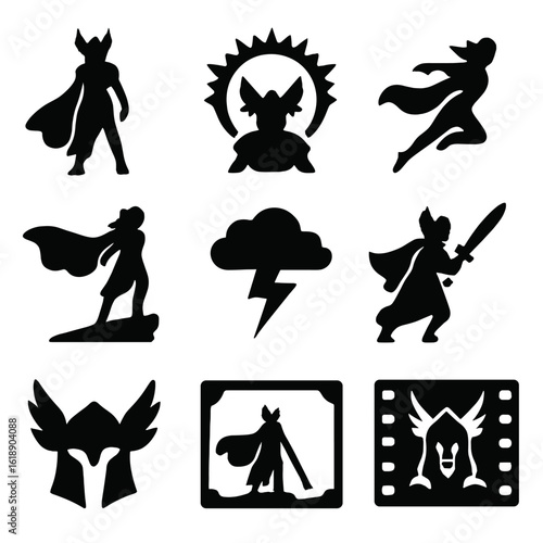 Cinematic Valkyrie Icons. Solid, filled icons set of cinematic valkyrie visuals: dramatic pose, flowing cape,