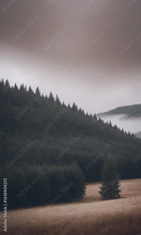 Fototapeta premium Isolated pine tree on grassy slope with dense forest under stormy sky – Generative AI