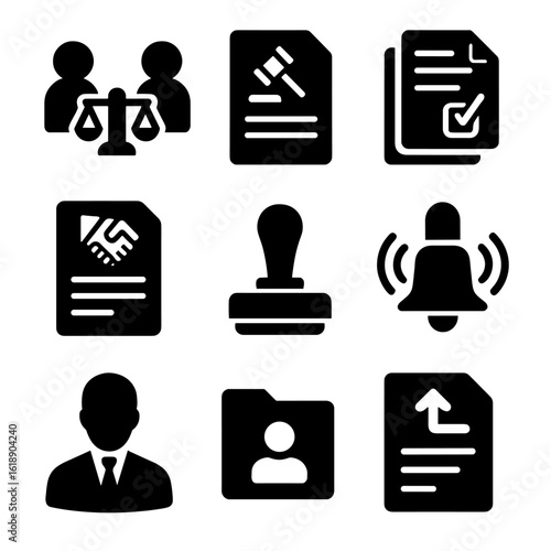 Civil Court Icons. Solid, filled icons set of civil court processes: mediation icon, legal petition, courtroom