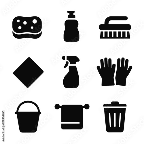 Cleaning Icons Grid. Solid, filled icons set of cleaning tools and supplies: sponge, dish soap bottle, scrub