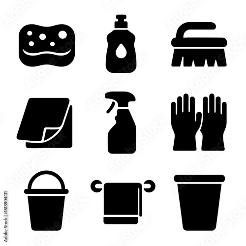 Cleaning Icons Grid. Solid, filled icons set of cleaning tools and supplies: sponge, dish soap bottle, scrub