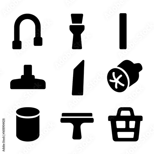 Cleaning Tools Icons. Solid, filled icon set of cleaning accessories: vacuum hose, brush attachment, extension wand, floor nozzle,