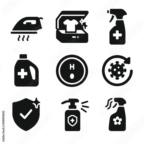 Clothing Disinfection Icons. Solid, filled icons set of clothing disinfection tools: steam iron, UV sanitizer,