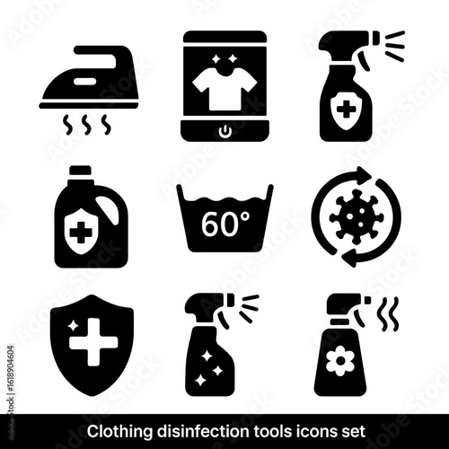 Clothing Disinfection Icons. Solid, filled icons set of clothing disinfection tools: steam iron, UV sanitizer,