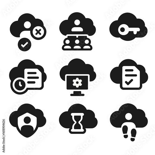 Cloud Access Icons. Solid, filled icons set of cloud access management: user permissions, role-based icon,
