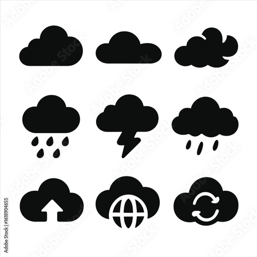 Cloud Icons Grid. Solid, filled icon set of clouds: cumulus, stratus, cirrus, nimbus, thunderstorm cloud, lightning, cloud