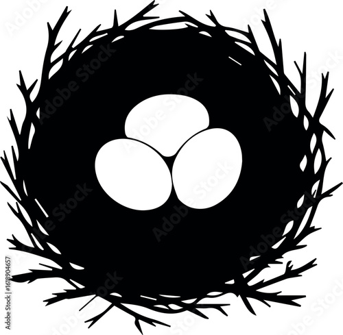 Silhouette of Bird's Nest with Three Eggs on a White Background, Springtime