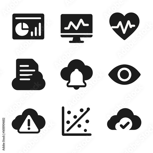 Cloud Monitoring Icons. Solid, filled icons set of cloud monitoring and visibility tools: dashboard icon,