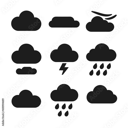 Cloud Icons Grid. Solid, filled icon set of clouds: cumulus, stratus, cirrus, nimbus, thunderstorm cloud, lightning, cloud