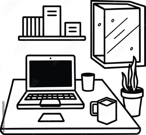 dorm with laptop on desk coffee mug and poster