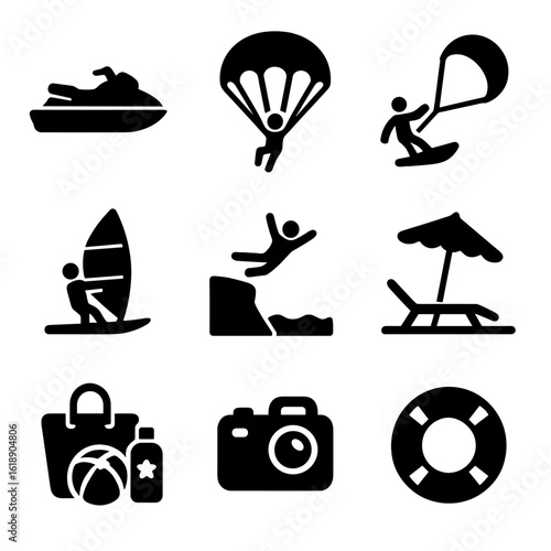 Coastal Sports Icons. Solid, filled icons set of coastal adventure sports: jet ski, parasail, kiteboard,