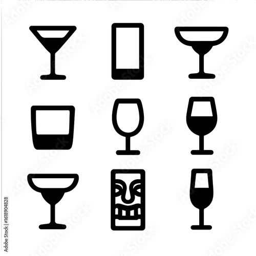 Cocktail Glass Icon Set. Solid, filled icon set of cocktail glassware types: martini glass, highball glass, coupe glass, rocks