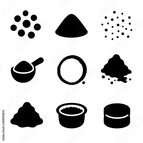 Coffee Grounds Icons. Solid, filled icon set of coffee grounds texture and shapes: granules, mound, scattered grounds, scoop,