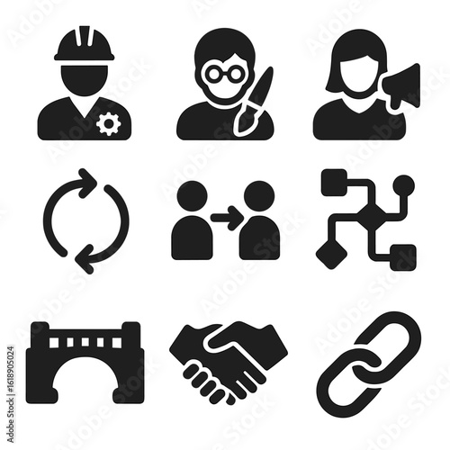Collaborative Icons Grid. Solid, filled icons set of cross-functional collaboration: engineer icon, designer
