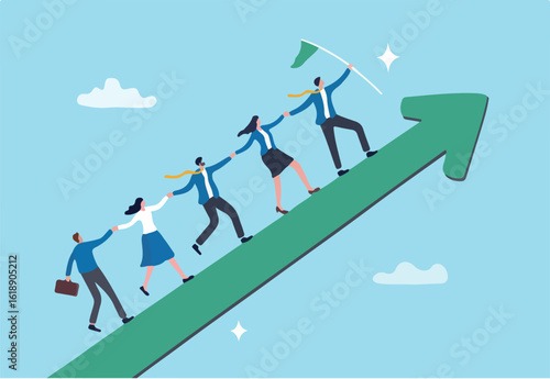 Leadership development, team success or motivation to lead team to reach goal, improvement or progress, growing together concept, businessman and woman team holding hand walk up rising growth arrow