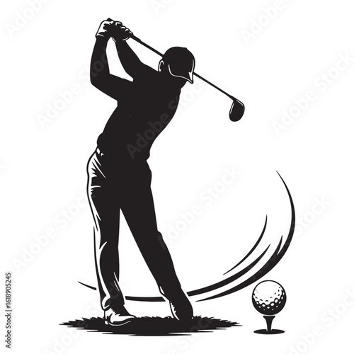 Golfer swinging club hitting ball silhouette vector isolated on white background.
