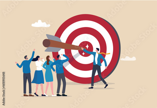 Company target achievement, business goal or objective to achieve, team strategy, leadership development, aiming for winning goal concept, businessman point arrow bullseye target to team colleagues