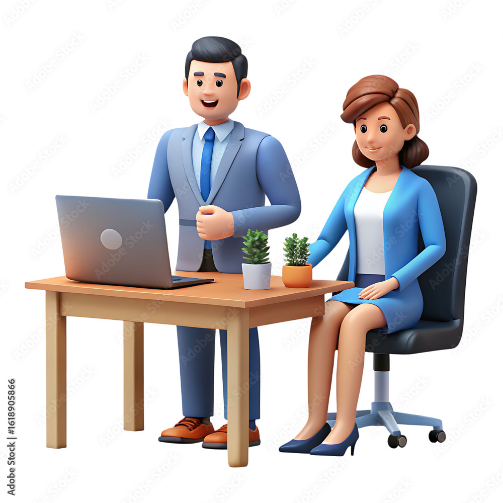 Fototapeta premium Animated Business Professionals Collaborating at Desk with Laptop and Potted Plants, Representing Modern Workplace Dynamics