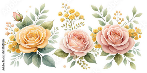 Elegant watercolor roses and greenery arrangement on black background