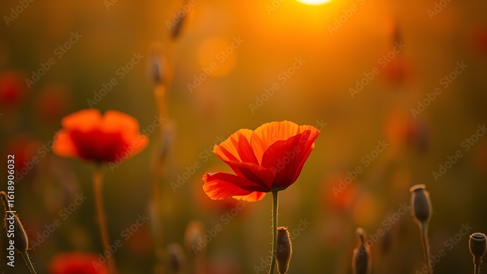 Obraz premium A vibrant red poppy flower bathed in golden sunset light, highlighting nature's beauty.