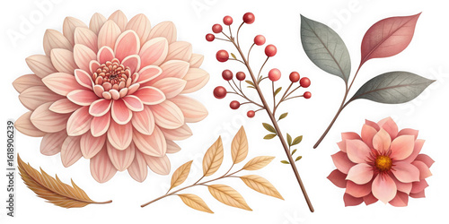 Delicate pink dahlia flowers and autumn leaves on black background