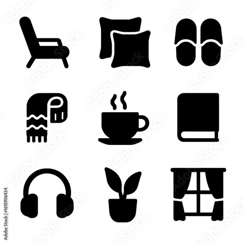 Home Comfort Icons. Solid, filled icon set of home relaxation: reclining chair, soft cushions, slippers, knitted scarf, coffee cup