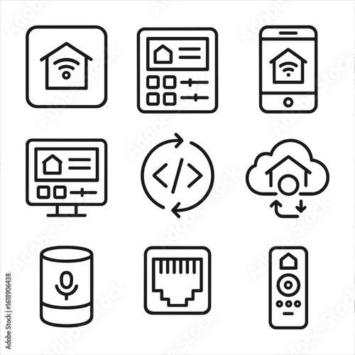 Home Automation Icons. Outline icon set of home automation hubs: central hub, touchscreen panel, mobile app, web dashboard, remote