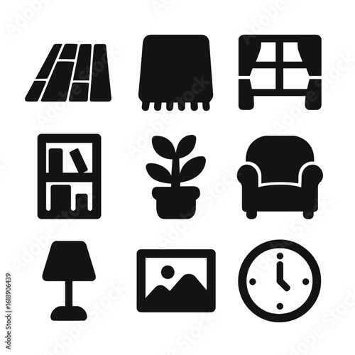 Home Essentials Icons. Solid, filled icon set of homey setting details: wooden floor, rug, window with curtains, bookshelf, potted