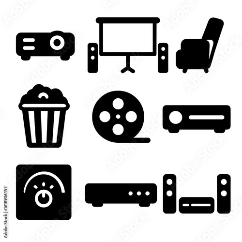 Home Cinema Icons. Solid, filled icon set of Home cinema setup: projector, screen, surround speakers, reclining chair, popcorn,