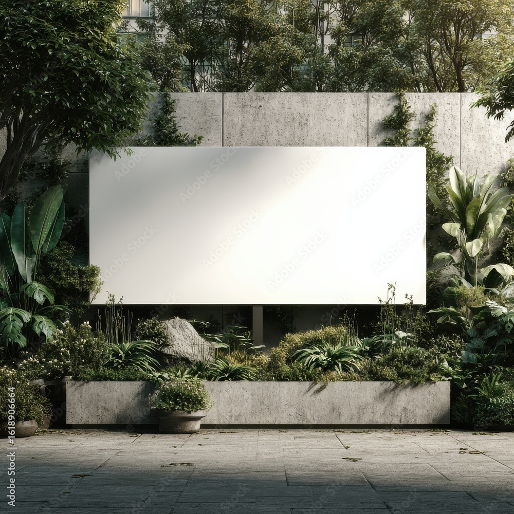 Fototapeta premium A large, blank billboard mounted on a concrete wall in a garden environment with lush greenery, ideal for outdoor advertising mockups or nature-themed displays.