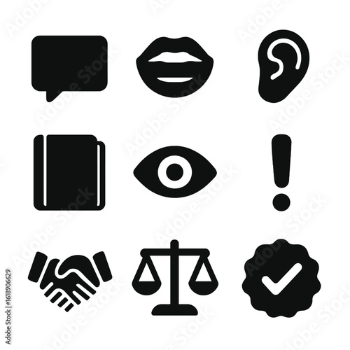 Honesty Icons Grid. Solid, filled icon set of honesty and communication: speech bubble, open mouth, ear, journal, eye, exclamation