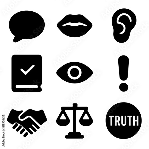 Honesty Icons Grid. Solid, filled icon set of honesty and communication: speech bubble, open mouth, ear, journal, eye, exclamation