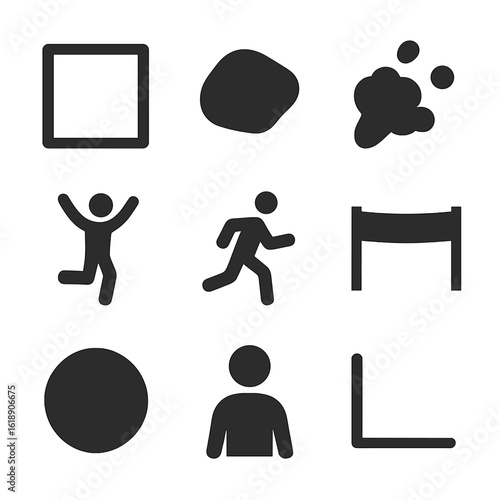 Hopscotch Icon Grid. Solid, filled icon set of hopscotch game elements: square outline, tossed pebble, chalk dust, jump pose, hop