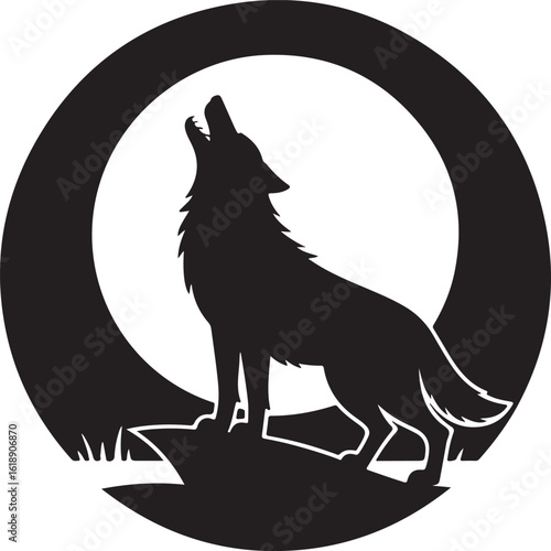 Black wolf howling at moon silhouette night